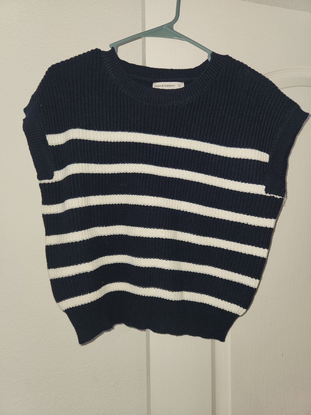 Moon & Madison Navy and White Striped Knit Sweater Vest